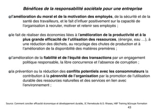 Bénéﬁces de la responsabilité sociétale pour une entreprise!

!

l’amélioration du moral et de la motivation des employés, de la sécurité et de la
santé des travailleurs, et le fait d’inﬂuer positivement sur la capacité de
l’organisation à recruter, motiver et retenir ses employés ;!

!

le fait de réaliser des économies liées à l’amélioration de la productivité et à la
plus grande efﬁcacité de l’utilisation des ressources, (énergie, eau …), à
une réduction des déchets, au recyclage des chutes de production et à
l’amélioration de la disponibilité des matières premières ;!

!

l’amélioration de la ﬁabilité et de l'équité des transactions par un engagement
politique responsable, la libre concurrence et l’absence de corruption ;!

!

la prévention ou la réduction des conﬂits potentiels avec les consommateurs la
contribution à la pérennité de l’organisation par la promotion de l’utilisation
durable des ressources naturelles et des services en lien avec
l’environnement ;!

Source: Comment concilier efficacité économique et développement durable, JC Pannekouke & D. Rhases, HBF Training &Groupe Formation

!43

 