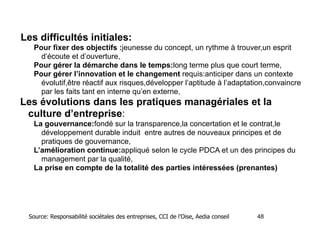 Les difficultés initiales:
Pour fixer des objectifs :jeunesse du concept, un rythme à trouver,un esprit
d’écoute et d’ouverture,
Pour gérer la démarche dans le temps:long terme plus que court terme,
Pour gérer l’innovation et le changement requis:anticiper dans un contexte
évolutif,être réactif aux risques,développer l’aptitude à l’adaptation,convaincre
par les faits tant en interne qu’en externe,

Les évolutions dans les pratiques managériales et la
culture d’entreprise:

!

La gouvernance:fondé sur la transparence,la concertation et le contrat,le
développement durable induit entre autres de nouveaux principes et de
pratiques de gouvernance,
L’amélioration continue:appliqué selon le cycle PDCA et un des principes du
management par la qualité,
La prise en compte de la totalité des parties intéressées (prenantes)

!

Source: Responsabilité sociétales des entreprises, CCI de l’Oise, Aedia conseil

!48

 