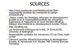 SOURCES
• http://www.easybourse.com/Website/article/3041•
•
•
•
•

responsabilite-societale-de-l-entreprise-et-capitalimmateriel.php
Enjeux croisés des Stratégies nationales de développement
durable et de la responsabilitésociétale des entreprises.
Expériences et négociations en cours Christian Brodhag,
Délégué interministériel au développement durable, France
http://brodhag.org
Les fondements théoriques de la RSE, JP Gond,ICCSR,
University of Nottingham
Responsabilité sociétales des entreprises, CCI de l’Oise, Aedia
conseil
Comment concilier efficacité économique et développement
durable, JC Pannekouke & D. Rhases, HBF Training &Groupe
Formation

!

 