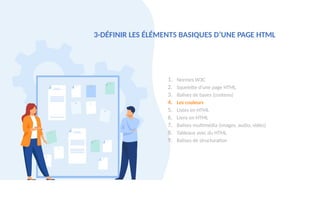 3-DÉFINIR LES ÉLÉMENTS BASIQUES D’UNE PAGE HTML
1. Normes W3C
2. Squelette d’une page HTML
3. Balises de bases (contenu)
4. Les couleurs
5. Listes en HTML
6. Liens en HTML
7. Balises multimédia (images, audio, vidéo)
8. Tableaux avec du HTML
9. Balises de structuration
 