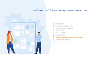 3- DÉFINIR LES ÉLÉMENTS BASIQUES D’UNE PAGE HTML
1. Normes W3C
2. Squelette d’une page HTML
3. Balises de bases (contenu)
4. Les couleurs
5. Listes en HTML
6. Liens en HTML
7. Balises multimédia (images, audio, vidéo)
8. Tableaux avec du HTML
9. Balises de structuration
 