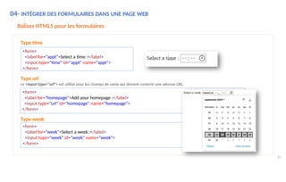 <form>
<label for="appt">Select a time :</label>
<input type="time" id="appt" name="appt">
</form>
Type url
Le <input type="url"> est utilisé pour les champs de saisie qui doivent contenir une adresse URL.
<form>
<label for="homepage">Add your homepage :</label>
<input type="url" id="homepage" name="homepage">
</form>
Type week
<form>
<label for="week">Select a week :</label>
<input type="week" id="week" name="week">
</form>
Balises HTML5 pour les formulaires
Type time
04- INTÉGRER DES FORMULAIRES DANS UNE PAGE WEB
81
 