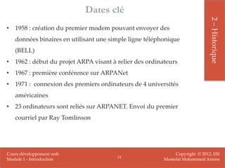 Dates clé




                                                                             2 – Historique
• 1958 : création du premier modem pouvant envoyer des
   données binaires en utilisant une simple ligne téléphonique
   (BELL)
• 1962 : début du projet ARPA visant à relier des ordinateurs
• 1967 : première conférence sur ARPANet
• 1971 : connexion des premiers ordinateurs de 4 universités
   américaines
• 23 ordinateurs sont reliés sur ARPANET. Envoi du premier
   courriel par Ray Tomlinson




Cours développement web                                      Copyright © 2012, ESI
                                       14
Module 1 - Introduction                                 Mostefai Mohammed Amine
 