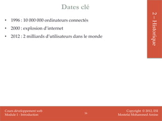 Dates clé




                                                                         2 – Historique
• 1996 : 10 000 000 ordinateurs connectés
• 2000 : explosion d’internet
• 2012 : 2 milliards d’utilisateurs dans le monde




Cours développement web                                  Copyright © 2012, ESI
                                        16
Module 1 - Introduction                             Mostefai Mohammed Amine
 