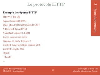 Le protocole HTTP




                                                                     3 – Fonctionnement
Exemple de réponse HTTP
HTTP/1.1 200 OK
Server: Microsoft-IIS/5.1
Date: Mon, 04 Oct 2004 12:04:43 GMT
X-Powered-By: ASP.NET
X-AspNet-Version: 1.1.4322
Cache-Control: no-cache
Pragma: no-cache Expires: -1
Content-Type: text/html; charset=utf-8
Content-Length: 8307
<html>
 <head>
...


Cours développement web                              Copyright © 2012, ESI
                                         23
Module 1 - Introduction                         Mostefai Mohammed Amine
 