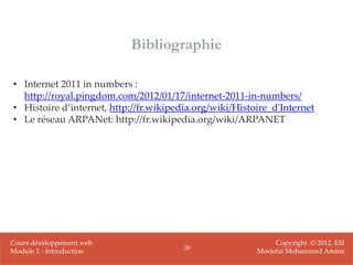 Bibliographie

• Internet 2011 in numbers :
  http://royal.pingdom.com/2012/01/17/internet-2011-in-numbers/
• Histoire d’internet, http://fr.wikipedia.org/wiki/Histoire_d'Internet
• Le réseau ARPANet: http://fr.wikipedia.org/wiki/ARPANET




Cours développement web                                       Copyright © 2012, ESI
                                        28
Module 1 - Introduction                                  Mostefai Mohammed Amine
 