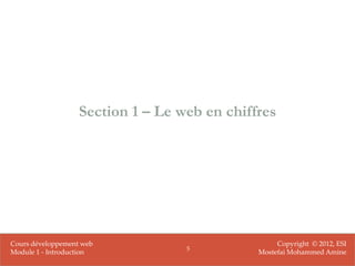 Section 1 – Le web en chiffres




Cours développement web                            Copyright © 2012, ESI
                                   5
Module 1 - Introduction                       Mostefai Mohammed Amine
 