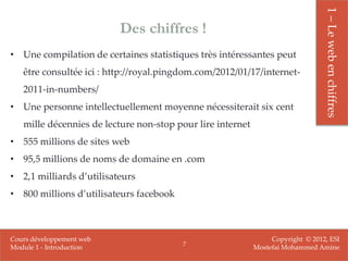 1 – Le web en chiffres
                          Des chiffres !
• Une compilation de certaines statistiques très intéressantes peut
   être consultée ici : http://royal.pingdom.com/2012/01/17/internet-
   2011-in-numbers/
• Une personne intellectuellement moyenne nécessiterait six cent
   mille décennies de lecture non-stop pour lire internet
• 555 millions de sites web
• 95,5 millions de noms de domaine en .com
• 2,1 milliards d’utilisateurs
• 800 millions d’utilisateurs facebook



Cours développement web                                          Copyright © 2012, ESI
                                         7
Module 1 - Introduction                                     Mostefai Mohammed Amine
 