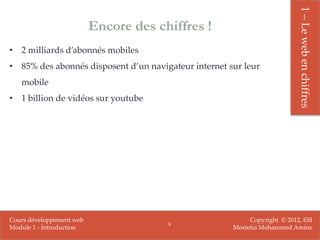 1 – Le web en chiffres
                          Encore des chiffres !
• 2 milliards d’abonnés mobiles
• 85% des abonnés disposent d’un navigateur internet sur leur
   mobile
• 1 billion de vidéos sur youtube




Cours développement web                                    Copyright © 2012, ESI
                                       9
Module 1 - Introduction                               Mostefai Mohammed Amine
 