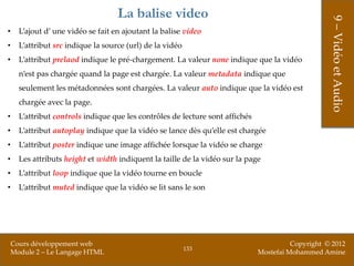 La balise video




                                                                                                    9 – Vidéo et Audio
•     L’ajout d’ une vidéo se fait en ajoutant la balise video
•     L’attribut src indique la source (url) de la vidéo
•     L’attribut prelaod indique le pré-chargement. La valeur none indique que la vidéo
      n’est pas chargée quand la page est chargée. La valeur metadata indique que
      seulement les métadonnées sont chargées. La valeur auto indique que la vidéo est
      chargée avec la page.
•     L’attribut controls indique que les contrôles de lecture sont affichés
•     L’attribut autoplay indique que la vidéo se lance dès qu’elle est chargée
•     L’attribut poster indique une image affichée lorsque la vidéo se charge
•     Les attributs height et width indiquent la taille de la vidéo sur la page
•     L’attribut loop indique que la vidéo tourne en boucle
•     L’attribut muted indique que la vidéo se lit sans le son




    Cours développement web                                                              Copyright © 2012
                                                           133
    Module 2 – Le Langage HTML                                                 Mostefai Mohammed Amine
 