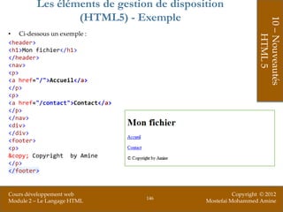 Les éléments de gestion de disposition
                 (HTML5) - Exemple




                                                              10 – Nouveautés
• Ci-dessous un exemple :




                                                                  HTML 5
<header>
<h1>Mon fichier</h1>
</header>
<nav>
<p>
<a href="/">Accueil</a>
</p>
<p>
<a href="/contact">Contact</a>
</p>
</nav>
<div>
</div>
<footer>
<p>
&copy; Copyright by Amine
</p>
</footer>


Cours développement web                              Copyright © 2012
                                 146
Module 2 – Le Langage HTML                 Mostefai Mohammed Amine
 