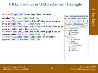 URLs absolues et URLs relatives - Exemple




                                                                           4 – Les Liens
<a href="page.html">Une page dans le même
dossier</a> <!-- index.html -->
<a href="Dossier1/Fichier1.html">Une page dans un
sous-dossier</a> <!-- index.html -->
<a href="Dossier2/Dossier21/Fichier2.html">Une page
dans un autre sous-dossier</a>
<a href="Dossier1/Fichier1.html">Une page dans un
sous-dossier</a> <!-- index.html -->
<a href="../index.html">Lien vers un dossier
parent</a><!-- Fichier1.html -->




Cours développement web                                         Copyright © 2012
                                            49
Module 2 – Le Langage HTML                            Mostefai Mohammed Amine
 