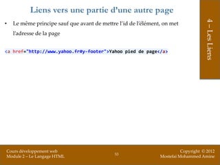Liens vers une partie d’une autre page




                                                                                    4 – Les Liens
•   Le même principe sauf que avant de mettre l’id de l’élément, on met
    l’adresse de la page


<a href="http://www.yahoo.fr#y-footer">Yahoo pied de page</a>




Cours développement web                                                  Copyright © 2012
                                             53
Module 2 – Le Langage HTML                                     Mostefai Mohammed Amine
 