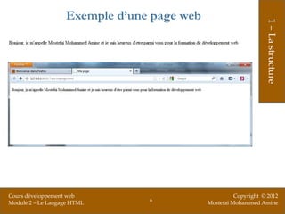 Exemple d’une page web




                                                                 1 – La structure
Cours développement web                               Copyright © 2012
                                6
Module 2 – Le Langage HTML                  Mostefai Mohammed Amine
 