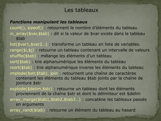 Les tableaux
Fonctions manipulant les tableaux
count(), sizeof() : retournent le nombre d’éléments du tableau
in_array($var,$tab) : dit si la valeur de $var existe dans le tableau
$tab
list($var1,$var2…) : transforme un tableau en liste de variables.
range($i,$j) : retourne un tableau contenant un intervalle de valeurs
shuffle($tab) : mélange les éléments d’un tableau
sort($tab) : trie alphanumérique les éléments du tableau
rsort($tab) : trie alphanumérique inverse les éléments du tableau
implode($str,$tab), join : retournent une chaîne de caractères
contenant les éléments du tableau $tab joints par la chaîne de
jointure $str
explode($delim,$str) : retourne un tableau dont les éléments
proviennent de la chaîne $str et dont le délimiteur est $delim
array_merge($tab1,$tab2,$tab3…) : concatène les tableaux passés
en arguments
array_rand($tab) : retourne un élément du tableau au hasard
 