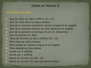 Dates et heures II
Les formats pour date
d Jour du mois sur deux chiffres [01..31]
j Jour du mois sans les zéros initiaux
l Jour de la semaine textuel en version longue et en anglais
D Jour de la semaine textuel en trois lettres et en anglais
w Jour de la semaine numérique [0..6] (0: dimanche)
z Jour de l'année [0..365]
m Mois de l'année sur deux chiffres [01..12]
n Mois sans les zéros initiaux
F Mois textuel en version longue et en anglais
M Mois textuel en trois lettres
Y Année sur 4 chiffres
y Année sur 2 chiffres
h Heure au format 12h [01..12]
g Heure au format 12h sans les zéros initiaux
 