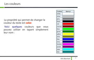 Les couleurs
La propriété qui permet de changer la
couleur du texte est color.
Voici quelques couleurs que vous
pouvez utiliser en tapant simplement
leur nom :
30
Anis Borchani
 