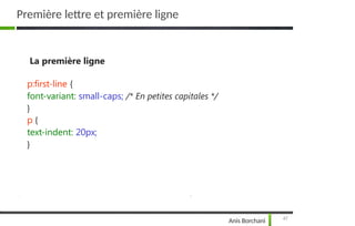 La première ligne
p:first-line {
font-variant: small-caps; /* En petites capitales */
}
p {
text-indent: 20px;
}
47
Anis Borchani
Première lettre et première ligne
 