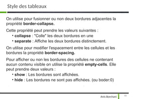 On utilise pour fusionner ou non deux bordures adjacentes la
propriété border-collapse.
Cette propriété peut prendre les valeurs suivantes :
• collapse : "Colle" les deux bordures en une
• separate : Affiche les deux bordures distinctement.
On utilise pour modifier l'espacement entre les cellules et les
bordures la propriété border-spacing.
Pour afficher ou non les bordures des cellules ne contenant
aucun contenu visible on utilise la propriété empty-cells. Elle
peut prendre deux valeurs :
• show : Les bordures sont affichées.
• hide : Les bordures ne sont pas affichées. (ou boder:0)
69
Anis Borchani
Style des tableaux
 