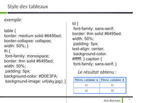 Style des tableaux
exemple:
table {
border: medium solid #6495ed;
border-collapse: collapse;
width: 50%; }
th {
font-family: monospace;
border: thin solid #6495ed;
width: 50%;
padding: 5px;
background-color: #D0E3FA;
background-image: url(sky.jpg); }
td {
font-family: sans-serif;
border: thin solid #6495ed;
width: 50%;
padding: 5px;
text-align: center;
background-color:
#ffffff; } caption {
font-family: sans-serif; }
Le résultat obtenu :
71
Anis Borchani
 