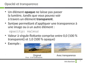 • Un élément opaque ne laisse pas passer
la lumière, tandis que vous pouvez voir
à travers un élément transparent.
• Syntaxe permettant d'appliquer une transparence à
une image ou à un autre élément :
opacity: valeur
• Valeur à virgule flottante comprise entre 0,0 (100 %
transparent) et 1,0 (100 % opaque)
• Exemple :
Avec transparence
77
Anis Borchani
Original
Photo : © AVTG/iStockphoto
Opacité et transparence
 