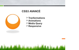 CSS3 AVANCÉ
 Tranformations
 Animations
 Média Query
 Responsive
 