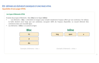 Les types d’éléments HTML
Il existe deux types d'éléments : bloc (bloc) et en ligne (inline)
• Les éléments « bloc » s'étendent en largeur pour remplir totalement l'espace offert par son conteneur. Par défaut,
la boîte devient aussi large que son conteneur, occupant 100% de l'espace disponible. Le nouvel élément bloc
commence dans une nouvelle ligne.
• Les éléments « inline » se suivent en ligne
h1
p
div
img a
19
Bloc Inline
span
Exemples d’éléments « bloc » Exemples d’éléments « inline »
03- DÉFINIR LES ÉLÉMENTS BASIQUES D’UNE PAGE HTML
Squelette d’une page HTML
 