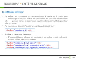 • Bordure et couleur du conteneur
– D'autres utilitaires, tels que les bordures et les couleurs, sont également
souvent utilisés avec les conteneurs.
110
Anis Borchani
Le padding du conteneur
• Par défaut, les conteneurs ont un remplissage à gauche et à droite, sans
remplissage en haut ou en bas. Par conséquent, les utilitaires d'espacement
tels que des marges et des marges supplémentaires sont utilisés pour leur
mise en forme.
• Par exemple, .pt-5 signifie "ajouter un grand padding supérieur" :
<div class="container pt-5"></div>
<div class="container p-5 my-5 border"></div>
<div class="container p-5 my-5 bg-dark text-white"></div>
<div class="container p-5 my-5 bg-primary text-white"></div>
BOOTSTRAP > SYSTÈME DE GRILLE
 