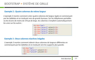 <div class="row">
<div class="col-sm-3">.col-sm-3</div>
<div class="col-sm-3">.col-sm-3</div>
<div class="col-sm-3">.col-sm-3</div>
<div class="col-sm-3">.col-sm-3</div>
</div>
115
Anis Borchani
<div class="row">
<div class="col-sm-4">.col-sm-4</div>
<div class="col-sm-8">.col-sm-8</div>
</div>
Exemple 2 : Quatre colonnes de même largeur
L'exemple 2 montre comment créer quatre colonnes de largeur égale en commençant
par les tablettes et en évoluant vers de grands bureaux. Sur les téléphones portables
ou les écrans de moins de 576 px de large, les colonnes s'empilent automatiquement
les unes sur les autres :
Exemple 3 : Deux colonnes réactives inégales
L'exemple 3 montre comment obtenir deux colonnes de largeurs différentes en
commençant par les tablettes et en évoluant vers les supports plus grands:
BOOTSTRAP > SYSTÈME DE GRILLE
 