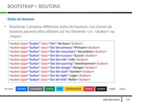 Styles de boutons
• Bootstrap 5 propose différents styles de boutons. Les classes de
boutons peuvent être utilisées sur les éléments <a>, <button> ou
<input>.
<button type="button" class="btn">De base</button>
<button type="button" class="btn btn-primary">Primaire</button>
<button type="button" class="btn btn-secondary">Secondaire</button>
<button type="button" class="btn btn-success">Succès</button>
<button type="button" class="btn btn-info">Info</button>
<button type="button" class="btn btn-warning">Avertissement</button>
<button type="button" class="btn btn-danger">Danger</button>
<button type="button" class="btn btn-dark">Sombre</button>
<button type="button" class="btn btn-light">Léger</button>
<button type="button" class="btn btn-link">Relier</button>
126
Anis Borchani
BOOTSTRAP > BOUTONS
 