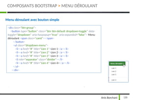 Menu déroulant avec bouton simple
<div class="btn-group">
<button type="button" class="btn btn-default dropdown-toggle" data-
toggle="dropdown" aria-haspopup="true" aria-expanded="false"> Menu
déroulant <span class="caret"></span>
</button>
<ul class="dropdown-menu">
<li><a href="#" title="Lien 1">Lien 1</a></li>
<li><a href="#" title="Lien 2">Lien 2</a></li>
<li><a href="#" title="Lien 3">Lien 3</a></li>
<li role="separator" class="divider"></li>
<li><a href="#" title="Lien 4">Lien 4></a></li>
</ul>
</div>
COMPOSANTS BOOTSTRAP > MENU DÉROULANT
130
Anis Borchani
 