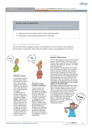Vue
                                                                                                                      en


    PA R T I E 2                               DEVELOPPER L’EXPERIENCE VECUE PAR LES CLIENTS




               Posez-vous la question :
               En tant que consommateur quelles sont les expériences dont
               vous gardez le souvenir le plus fort :


                   Celles qui vous ont surpris, même si tout n’était pas parfait
                   Celles qui se sont déroulées parfaitement, sans plus




          Les 3 niveaux de service
          Dès qu’il entre dans un magasin un client vit une expérience à tous les niveaux. Cette expérience
          peut être plus ou moins forte. Dans le but de simplifier l’analyse, nous distinguons trois niveaux.


                                                                      Niveau 3
                                                                      Eléments différenciants
                                                                      Pour se démarquer sur des marchés de plus
                                                                      en plus concurrentiels, il faut créer la dif-
                                                                      férence, faire ce que les autres ne font pas,
                                                                      proposer des éléments, qui pour un temps,
                                                                      vous démarquent.
                                                                      Il faut explorer les dimensions de l’expéri-
                                                                      ence vécue par vos clients et les renforcer.
                                                                      Cela ne nécessite d’ailleurs pas toujours
                                                                      des concepts complexes et coûteux. De
           Niveau 1                                                   nombreuses petites attentions qui germent
           Eléments de base                                           dans la tête de tous les employés peuvent
                                                                      être prodiguées au client et enrichir son
           Les éléments de base                                       expérience. Dans la civilisation de la com-
           sont la raison d’être                                      munication et du spectacle qui est la notre,
           de l’activité de l’entre-    Niveau 2                      la garantie de l’étonnement et de l’enthou-
           prise : par exemple                                        siasme est incontournable.
                                        Eléments complé-
           proposer tout sous le                                      Cependant la plupart des éléments différen-
           même toit en libre ser-      mentaires facilitants
                                                                      ciants finissent par être imités. Une seule
           vice à prix discounts        Il existe autour des          chose, vraiment différenciante ne peut
           avec un parking pour         éléments de bases             l’être, il s’agit de la relation humaine que
           les hypers.                  des éléments complé-          les employés nouent avec les clients.
           La qualité dans le           mentaires qui facilitent      Ce qui fait vraiment la différence c’est
           service de base est          la vie du client (par         le développement d’un réflexe client
           un must. L’objectif est      exemple un service de         qui se traduit dans une attitude et
           d’atteindre le zéro          livraison à domicile).        dans la recherche permanente
           défaut. Cependant la         Le distributeur vise le       d’idées pour créer des expériences
           qualité dans les acti-       zéro souci pour ses           différentes, nouvelles,
           vités de base de son         clients. Il obtient ainsi     enthousiasmantes.
           métier n’est pas un          généralement une plus
           facteur différenciant.       grande fidélisation.
           Il s’agit du seuil des       Toutefois ces éléments
           standards du métier          complémentaires sont
           en dessous duquel on         facilement copiables.
           ne peut exister. Au          Ils ne peuvent asseoir
           mieux on ne déçoit           un avantage concurren-
           pas ses clients.             tiel durable.




www.groupe-forest.com / info@groupe-forest.com                                                  groupeforest               .10
 