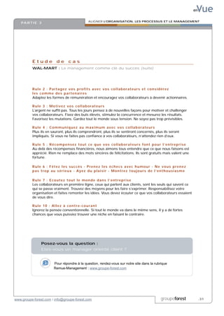 Vue
                                                                                                                                       en

                                                      ALIGNER L’ORGANISATION, LES PROCESSUS ET LE MANAGEMENT
   PA R T I E 3




          Etude de cas
          WAL-MART : Le management comme clé du succès (suite)




          Rule 2 : Partagez vos profits avec vos collaborateurs et considérez
          les comme des partenaires
          Adaptez les formes de rémunération et encouragez vos collaborateurs à devenir actionnaires.

          Rule 3 : Motivez vos collaborateurs
          L’argent ne suffit pas. Tous les jours pensez à de nouvelles façons pour motiver et challenger
          vos collaborateurs. Fixez des buts élevés, stimulez la concurrence et mesurez les résultats.
          Favorisez les mutations. Gardez tout le monde sous tension. Ne soyez pas trop prévisibles.

          Rule 4 : Communiquez au maximum avec vos collaborateurs
          Plus ils en sauront, plus ils comprendront, plus ils se sentiront concernés, plus ils seront
          impliqués. Si vous ne faites pas confiance à vos collaborateurs, n’attendez rien d’eux.

          Rule 5 : Récompensez tout ce que vos collaborateurs font pour l’entreprise
          Au delà des récompenses financières, nous aimons tous entendre que ce que nous faisons est
          apprécié. Rien ne remplace des mots sincères de félicitations. Ils sont gratuits mais valent une
          fortune.

          Rule 6 : Fêtez les succès - Prenez les échecs avec humour - Ne vous prenez
          p a s t r o p a u s é r i e u x - Ay e z d u p l a i s i r - M o n t r e z t o u j o u r s d e l ’ e n t h o u s i a s m e

          Rule 7 : Ecoutez tout le monde dans l’entreprise
          Les collaborateurs en première ligne, ceux qui parlent aux clients, sont les seuls qui savent ce
          qui se passe vraiment. Trouvez des moyens pour les faire s’exprimer. Responsabilisez votre
          organisation et faites remonter les idées. Vous devez écouter ce que vos collaborateurs essaient
          de vous dire.

          Rule 10 : Allez à contre-courant
          Ignorez la pensée conventionnelle. Si tout le monde va dans le même sens, il y a de fortes
          chances que vous puissiez trouver une niche en faisant le contraire.




                Posez-vous la question :
                Etes-vous un manager orienté client ?


                           Pour répondre à la question, rendez-vous sur notre site dans la rubrique
                           Remue-Management : www.groupe-forest.com




www.groupe-forest.com / info@groupe-forest.com                                                                  groupeforest                .31
 