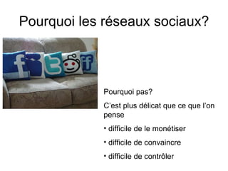 Pourquoi les réseaux sociaux? Pourquoi pas? C’est plus délicat que ce que l’on pense difficile de le monétiser difficile de convaincre difficile de contrôler 