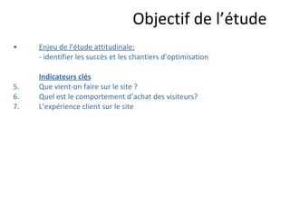 Objectif de l’étude Enjeu de l’étude attitudinale: - identifier les succès et les chantiers d’optimisation Indicateurs clés Que vient-on faire sur le site ? Quel est le comportement d’achat des visiteurs? L’expérience client sur le site 