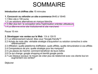 SOMMAIRE Introduction et chiffres clés  15 minnutes 1. Concevoir ou refondre un site e-commerce  9h45 à 10h45 1.1 Mon site à 100 euros 1.2 Les solutions alternatives en marque blanche 1.3 Aller plus loin: la conception et/ou l'optimisation oriéntée utilisateurs 1.4 Le dilemme entre site institutionnel et site marchand  Pause 15 min 2. Développer vos ventes sur le Web   11h à 12h15 2.1 Le référencement naturel: êtes vous "Google friendly"? 2.2 Achats de mots clés: véritable stratégie d'acquisition ou solution corrective à votre référencement 2.3 Affiliation: quelle plateforme d'affiliation, quels affiliés, quelle rémunération à vos affiliés 2.4 Comparateurs de prix: quelle stratégie pour les marques? 2.5 Les places de marché: comment bénéficier de leurs trafics 2.6 Ce qui change: google shopping et bientôt google panda 2.7 Les réseaux sociaux: le moyen de créer plus de relationnel avec vos clients tout en augmentant vos ventes? Déjéuner  