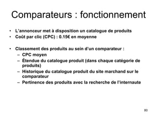 Comparateurs : fonctionnement L’annonceur met à disposition un catalogue de produits Coût par clic (CPC) : 0.15€ en moyenne Classement des produits au sein d’un comparateur :  CPC moyen Étendue du catalogue produit (dans chaque catégorie de produits) Historique du catalogue produit du site marchand sur le comparateur Pertinence des produits avec la recherche de l’internaute 