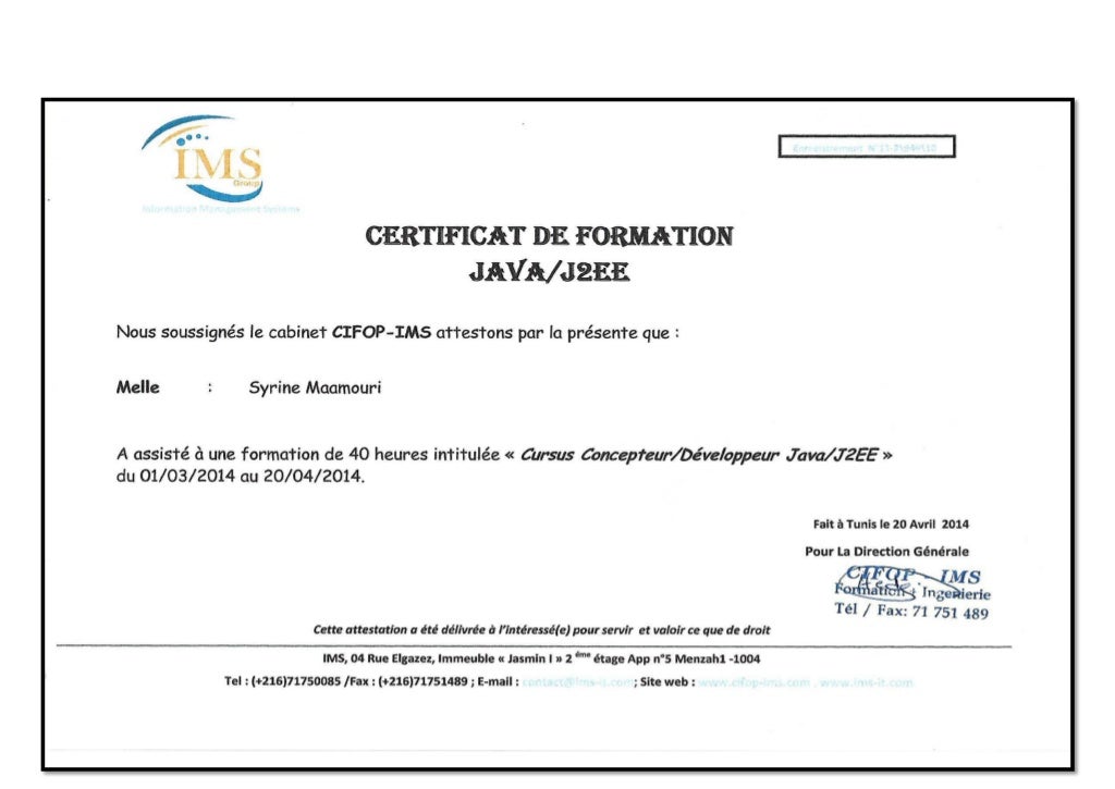 Certificat De Formation Développeur Javaj2ee