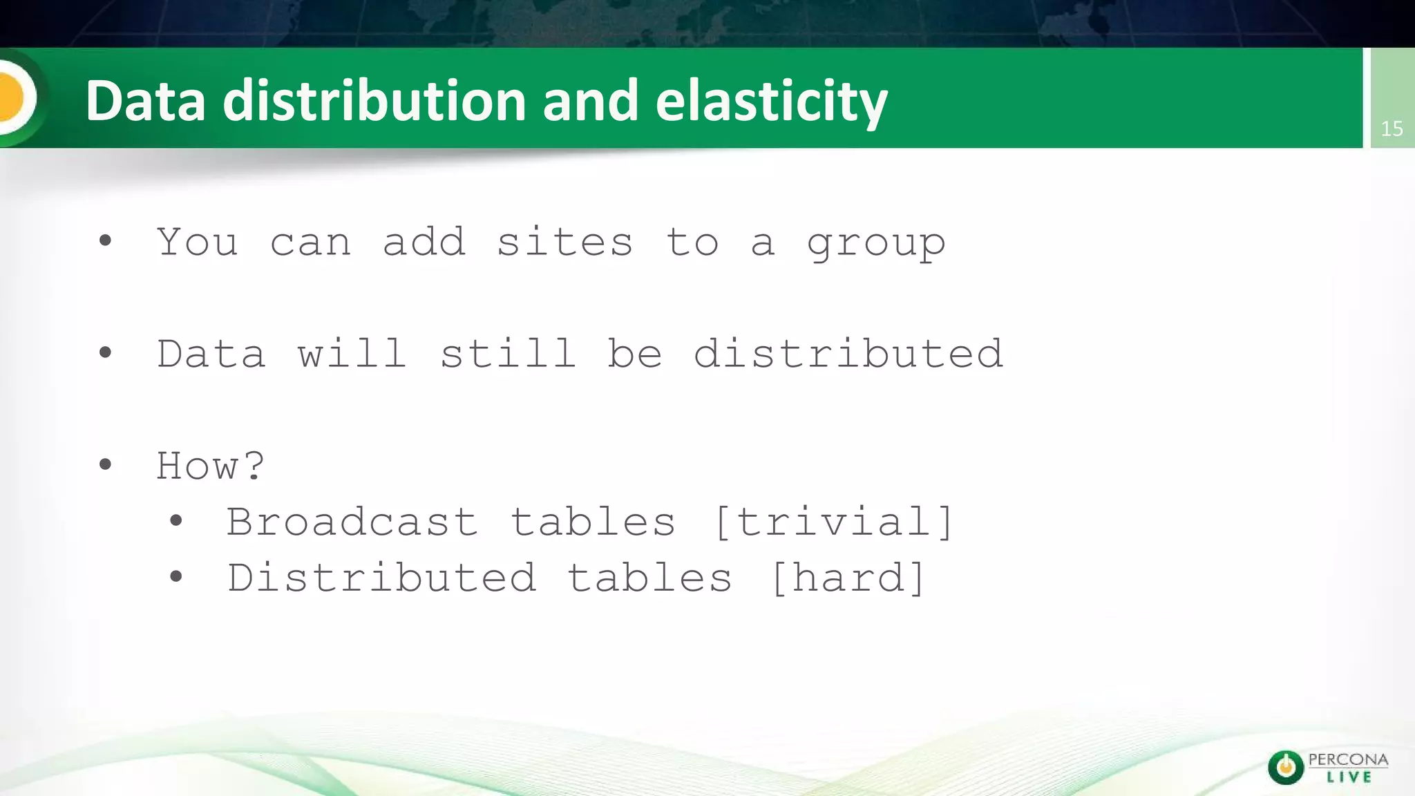 • You can add sites to a group
• Data will still be distributed
• How?
• Broadcast tables [trivial]
• Distributed tables [hard]
 