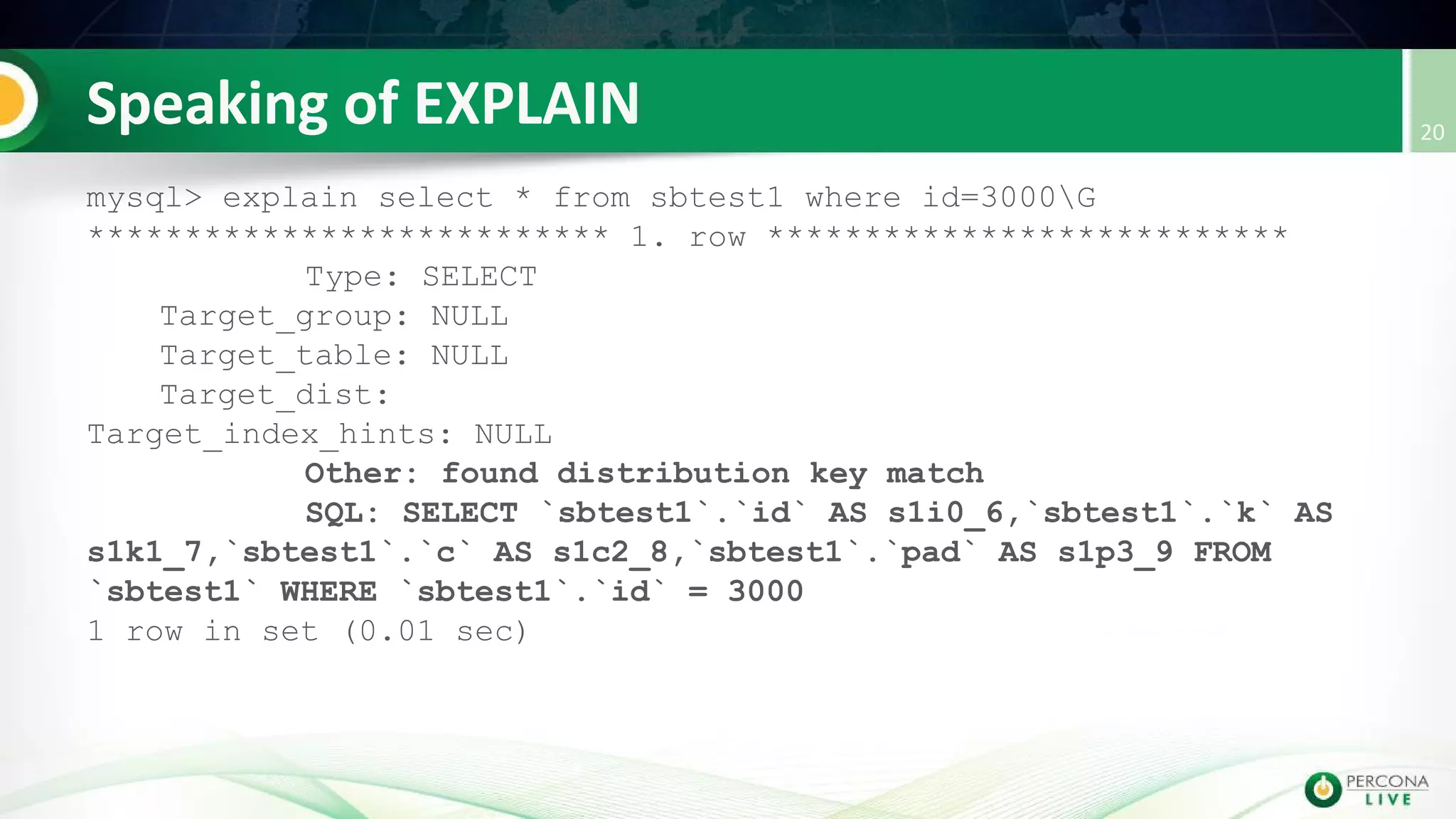mysql> explain select * from sbtest1 where id=3000G
*************************** 1. row ***************************
Type: SELECT
Target_group: NULL
Target_table: NULL
Target_dist:
Target_index_hints: NULL
Other: found distribution key match
SQL: SELECT `sbtest1`.`id` AS s1i0_6,`sbtest1`.`k` AS
s1k1_7,`sbtest1`.`c` AS s1c2_8,`sbtest1`.`pad` AS s1p3_9 FROM
`sbtest1` WHERE `sbtest1`.`id` = 3000
1 row in set (0.01 sec)
 