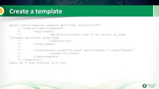 mysql> create template sysbench xml='<?xml version="1.0"?>
'> <template name="sysbench">
'> <requirement>
'> <declaration>create range if not exists id_range
(integer) persistent group #sg#
'> </declaration>
'> </requirement>
'>
'> <tabletemplate range="id_range" match="sbtest.*" model="Range">
'> <column>id</column>
'> </tabletemplate>
'> </template>';
Query OK, 0 rows affected (0.17 sec)
 