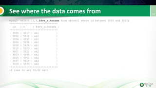 mysql> select id,k,@dve_sitename from sbtest1 where id between 3000 and 3010;
+------+------+---------------+
| id | k | @dve_sitename |
+------+------+---------------+
| 3000 | 4517 | sb1 |
| 3002 | 5011 | sb1 |
| 3004 | 4957 | sb1 |
| 3006 | 5028 | sb1 |
| 3008 | 5428 | sb1 |
| 3010 | 5023 | sb1 |
| 3001 | 5021 | sb2 |
| 3003 | 4995 | sb2 |
| 3005 | 4961 | sb2 |
| 3007 | 5014 | sb2 |
| 3009 | 4979 | sb2 |
+------+------+---------------+
11 rows in set (0.02 sec)
 