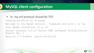 root@ip-10-20-20-12:~# mysql
Welcome to the MySQL monitor. Commands end with ; or g.
Your MySQL connection id is 47
Server version: 5.5.10 Tesora (TM) Database Virtualization
Engine (R), 
Version 1.7.0-Devel (ip-10-20-20-12)
 