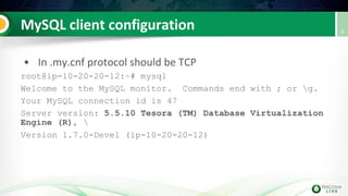 root@ip-10-20-20-12:~# mysql
Welcome to the MySQL monitor. Commands end with ; or g.
Your MySQL connection id is 47
Server version: 5.5.10 Tesora (TM) Database Virtualization
Engine (R), 
Version 1.7.0-Devel (ip-10-20-20-12)
 