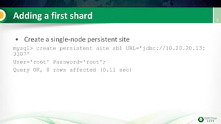 mysql> create persistent site sb1 URL='jdbc://10.20.20.13:
3307'
User='root' Password='root';
Query OK, 0 rows affected (0.11 sec)
 