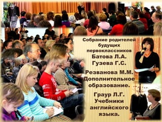 Собрание родителей
     будущих
 первоклассников
   Батова Л.А.
   Гузева Г.С.
Резванова М.М.
Дополнительное
 образование.
   Граур Л.Г.
   Учебники
  английского
     языка.
 