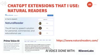 CHATGPT EXTENSIONS THAT I USE:
NATURAL READERS
https://www.naturalreaders.com/
AI VOICE DONE WITH:
 