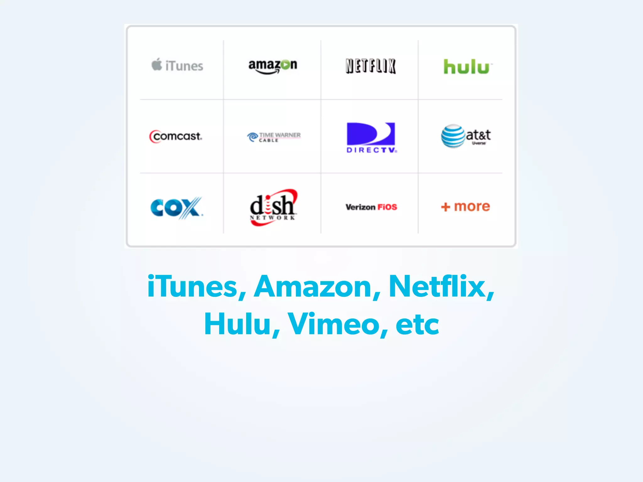 iTunes, Amazon, Netflix,
Hulu, Vimeo, etc

 