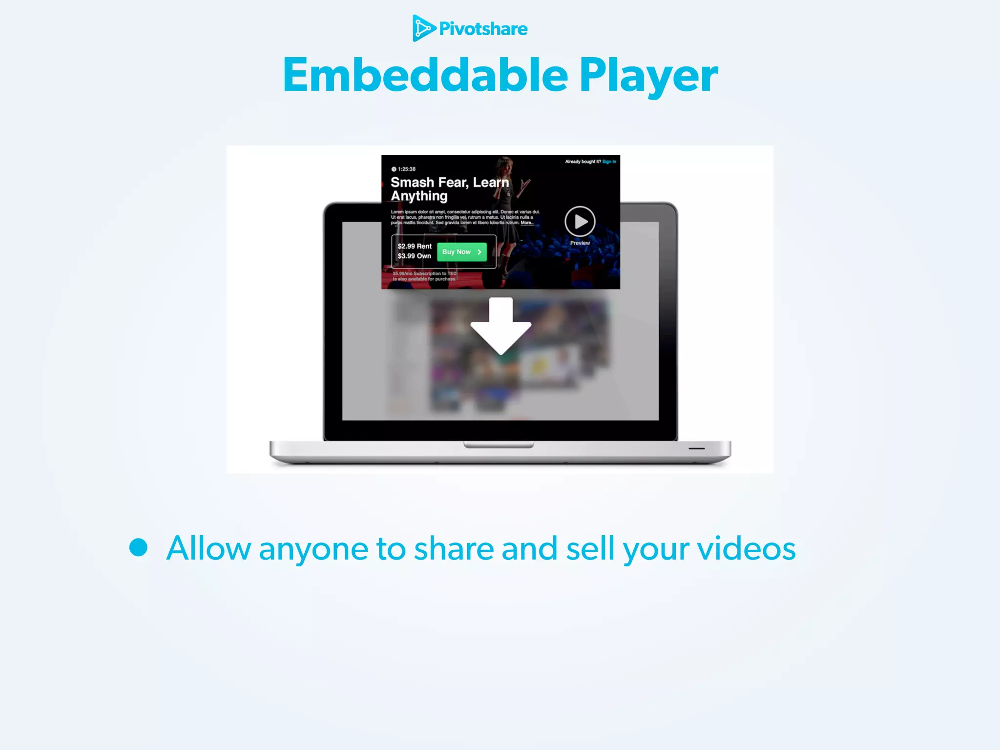 Embeddable Player

• Allow anyone to share and sell your videos

 