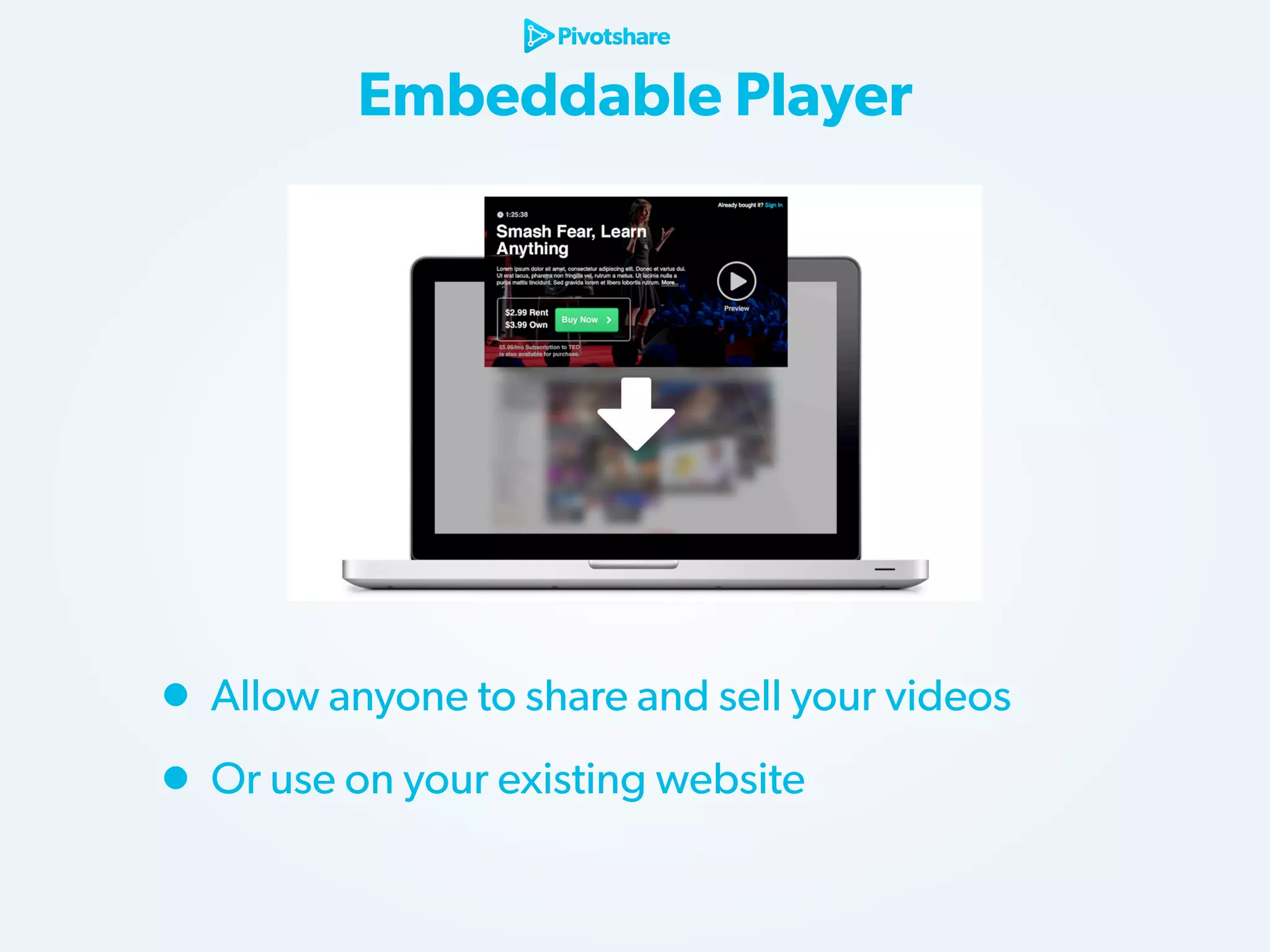 Embeddable Player

• Allow anyone to share and sell your videos
• Or use on your existing website

 